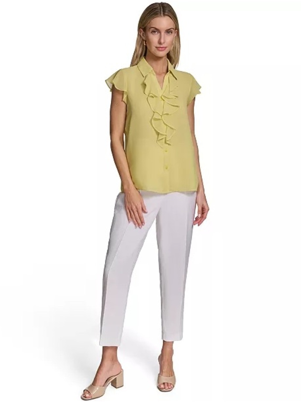 Calvin Klein NWT Ruffle Front Blouse Small Sleeveless Career Office Top Yellow - Picture 12 of 12